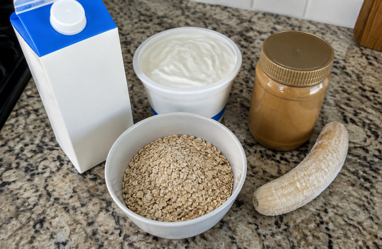 Ingredients for a budget protein shake laid out on a kitchen counter.