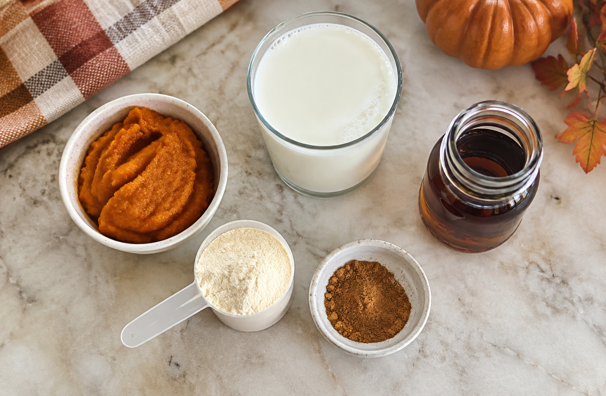 Ingredients for a pumpkin smoothie: pumpkin puree, protein powder, milk, spice, and syrup.
