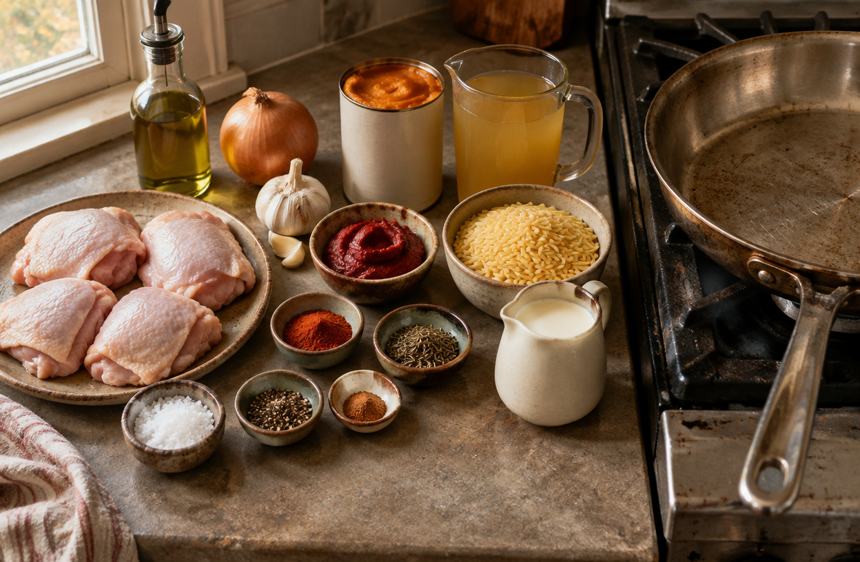 Ingredients for pumpkin chicken orzo laid out on a counter.