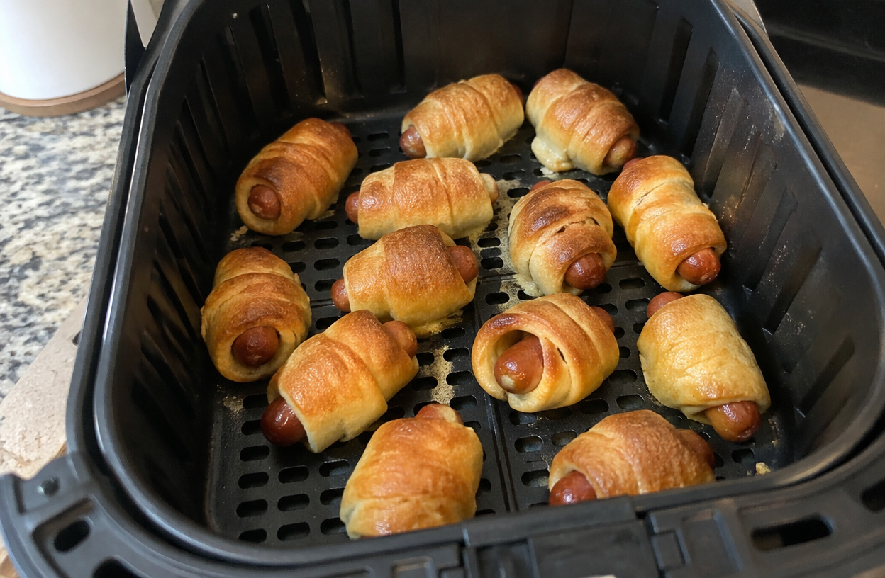 Pigs-in-a-blanket cooking in an air fryer basket.