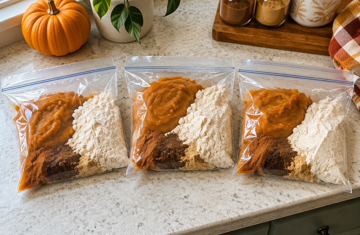 Pre-portioned smoothie ingredients in sealed clear freezer bags for meal prep.