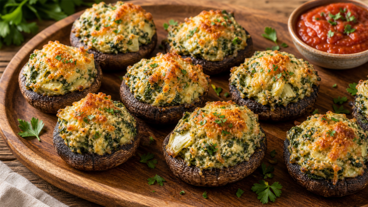 Air fryer artichoke spinach stuffed mushrooms on a platter, golden and bubbly, garnished with parsley.