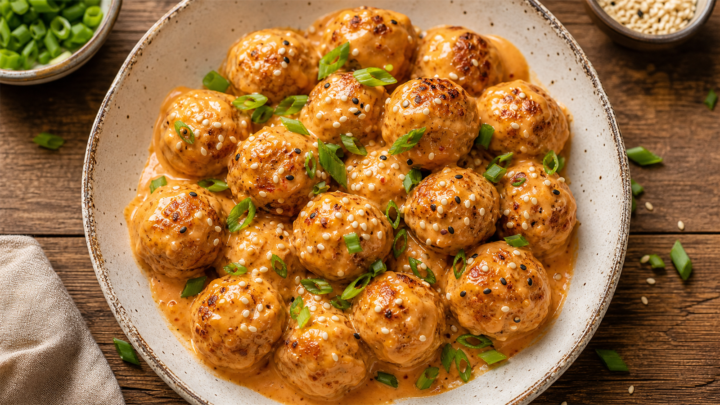 Juicy air fryer bang bang chicken meatballs with creamy spicy sauce and green onion, sesame garnish in a white bowl.