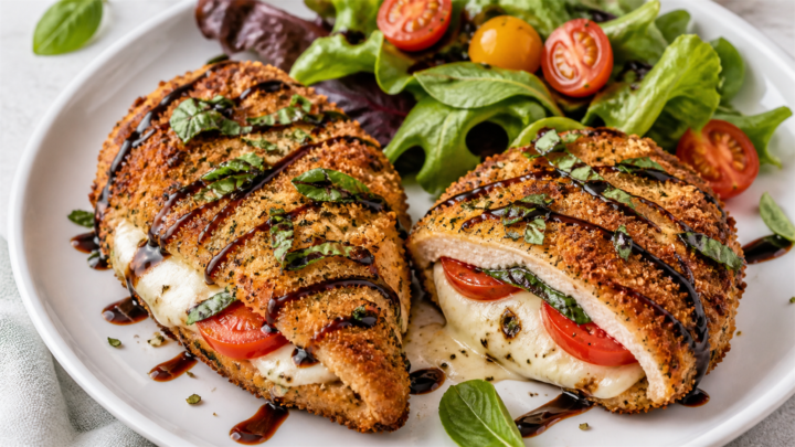 Golden air fryer caprese stuffed chicken cutlets on a white plate with fresh basil and balsamic glaze drizzle