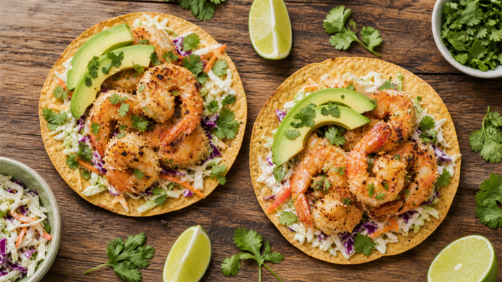 Crispy air fryer coconut lime shrimp tostadas topped with lime crema slaw and sliced avocado on a wooden board