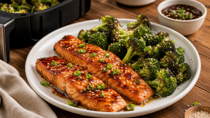 Air Fryer Ginger Soy Salmon with Sesame Broccoli