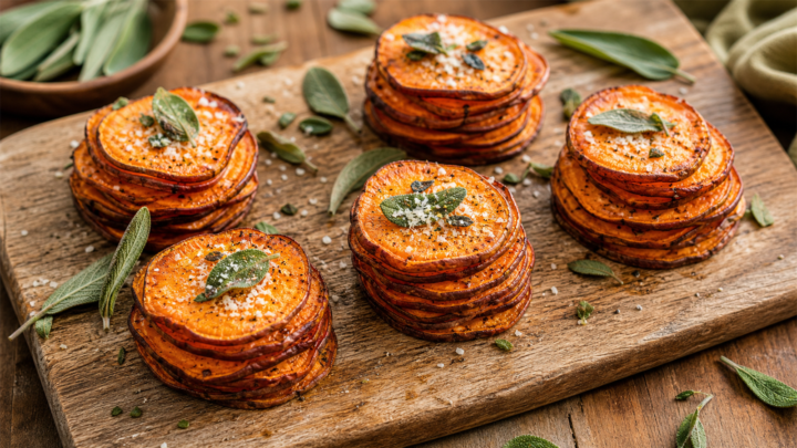 Air fryer sage sweet potato stacks arranged on a white plate, crispy and golden with fresh sage garnish