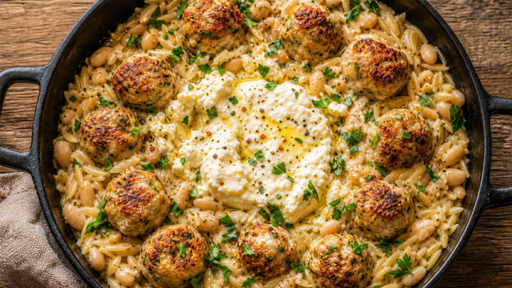 Baked feta white bean chicken meatball orzo in a cast iron skillet, with melted feta and fresh parsley garnish