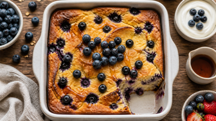 A square baking dish filled with golden brown blueberry cottage cheese pancake bake, topped with fresh blueberries and a drizzle of maple syrup.