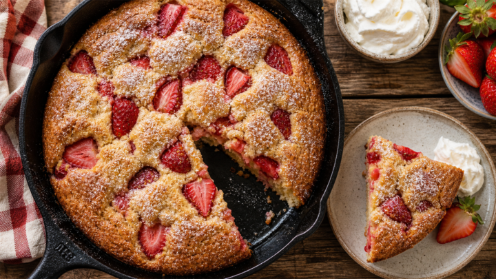 Brown butter strawberry shortcake skillet cake in a cast-iron skillet, topped with powdered sugar, with a slice on a plate.