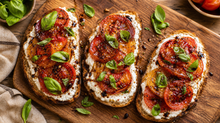 Brown sugar tomato toast with whipped ricotta on a wooden board, garnished with fresh basil
