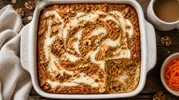 Carrot cake baked oatmeal with cream cheese swirl and walnuts in a baking dish.