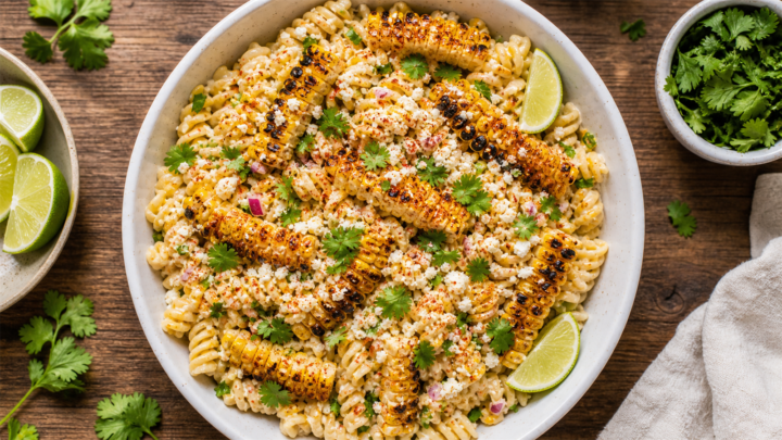 A bowl of elote pasta salad with grilled corn ribs, creamy dressing, and cotija cheese garnished with cilantro.
