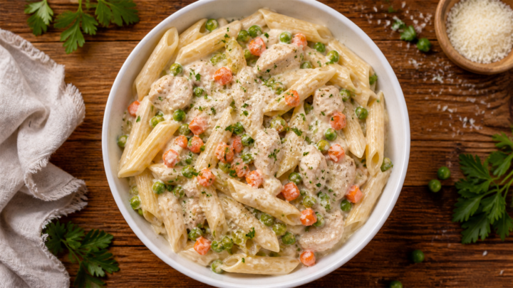 Cottage cheese alfredo chicken pot pie pasta in a white bowl, topped with parsley and Parmesan