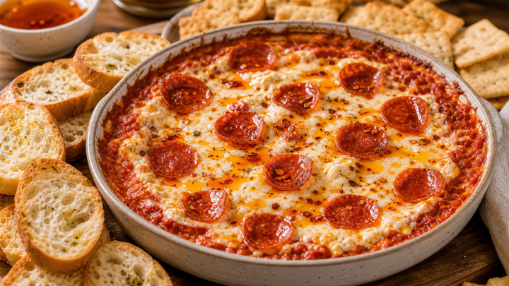Cottage Cheese Pizza Dip with Hot Honey Pepperoni