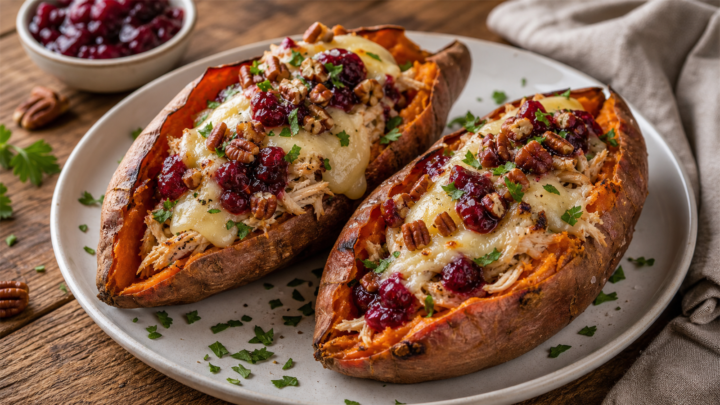 Cranberry Brie Chicken Stuffed Sweet Potatoes