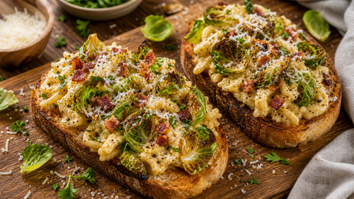 Crispy Brussels Sprout Carbonara Toasts