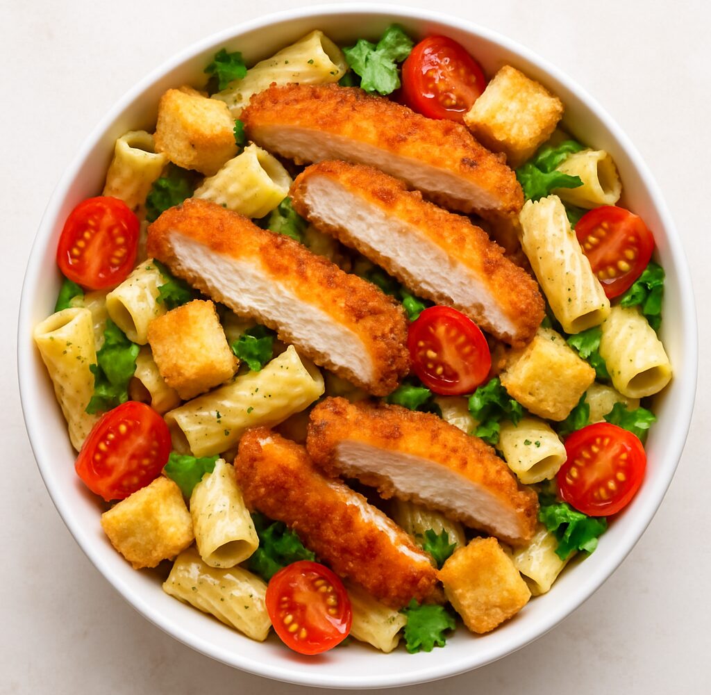 Crispy Chicken Caesar Pasta Salad in a white bowl with cherry tomatoes and croutons