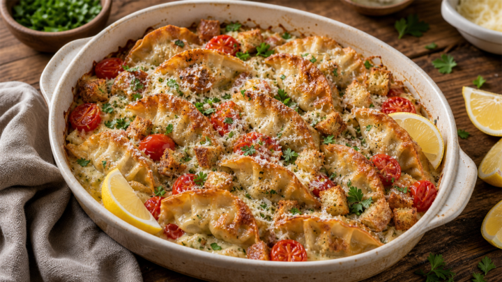Crispy Dumpling Caesar Bake