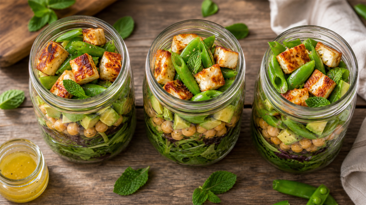 Crispy halloumi and snap pea salad in mason jars with lemon dressing, perfect for meal prep lunches.
