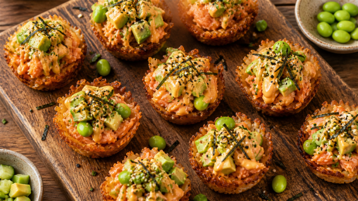 Close up of crispy rice salmon sushi bake cups on a platter with avocado, cucumber, and furikake toppings