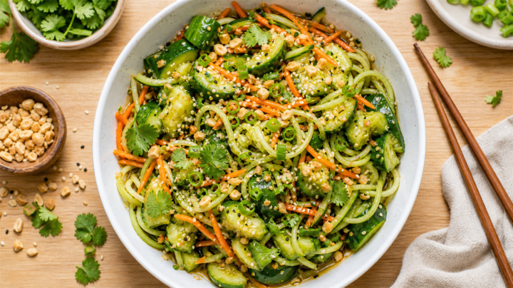 Crispy smashed cucumber noodle bowls with sesame dressing, fresh herbs, and crunchy toppings in a white bowl.