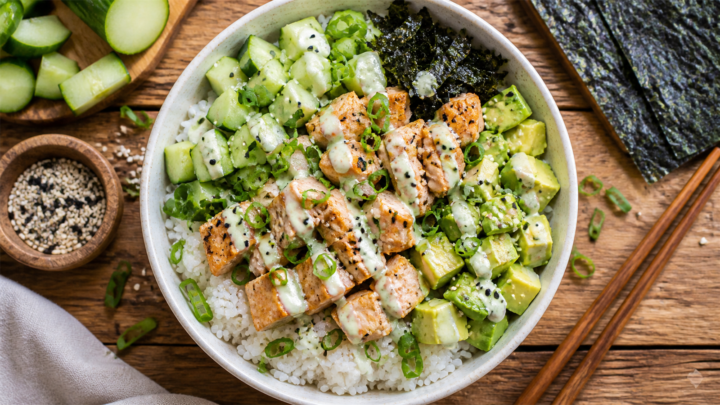 Cucumber ranch chicken sushi bowl with diced avocado, cucumber, chicken, and rice in a white bowl, topped with sesame seeds and green onions.