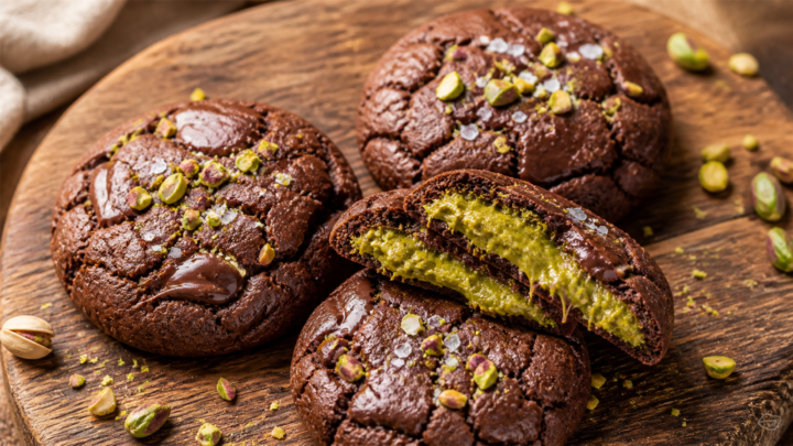Dubai chocolate pistachio stuffed cookies on a cooling rack with flaky sea salt, gooey center visible