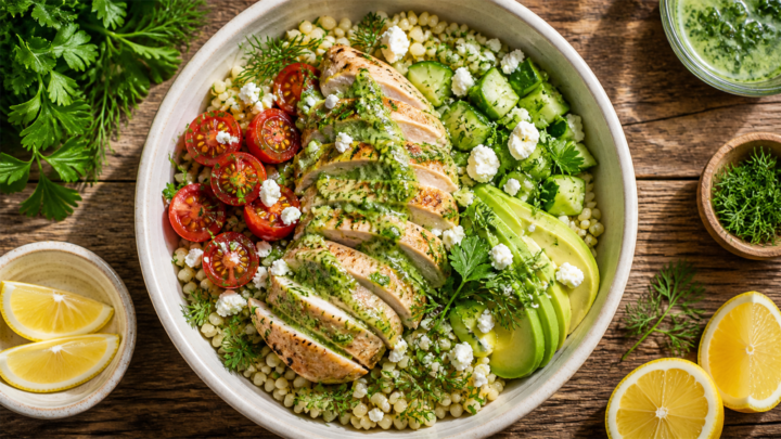 Green Goddess Chicken Couscous Bowls with herby dressing, sliced chicken, cherry tomatoes, cucumber, feta, and avocado on a bed of pearl couscous