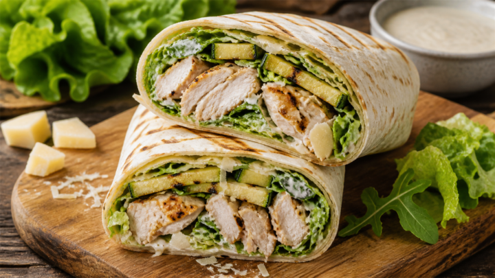 Grilled Zucchini Chicken Caesar Wraps sliced in half on a wooden board with fresh greens