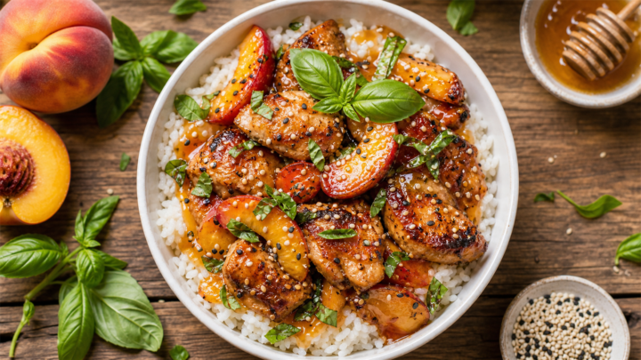 Hot Honey Peach Chicken Rice Bowls with glazed chicken, sliced peaches, and rice garnished with basil and sesame seeds in a bowl.