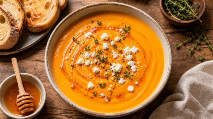 A bowl of creamy orange roasted carrot feta soup drizzled with hot honey and garnished with fresh thyme, served with crusty bread on a wooden table.