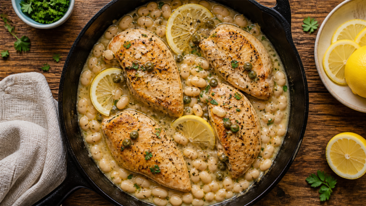 Lemony white bean chicken piccata skillet in a cast iron pan with parsley garnish and lemon slices