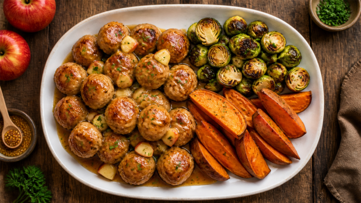 A platter of maple Dijon apple chicken meatballs glazed and garnished with parsley, served with roasted vegetables.