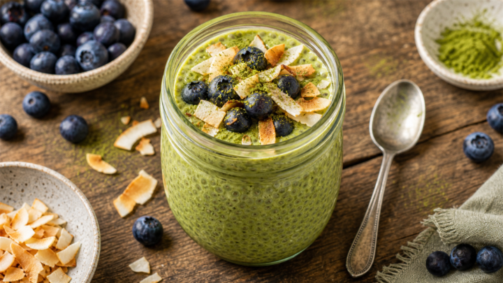 Matcha coconut tres leches chia pudding in a glass jar topped with toasted coconut flakes and fresh berries, set on a wooden table.