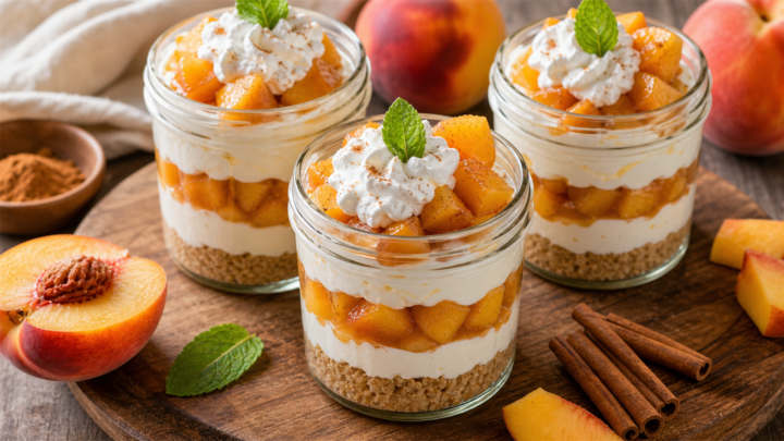 No bake peach cobbler cheesecake cups in jars with whipped cream and mint garnish