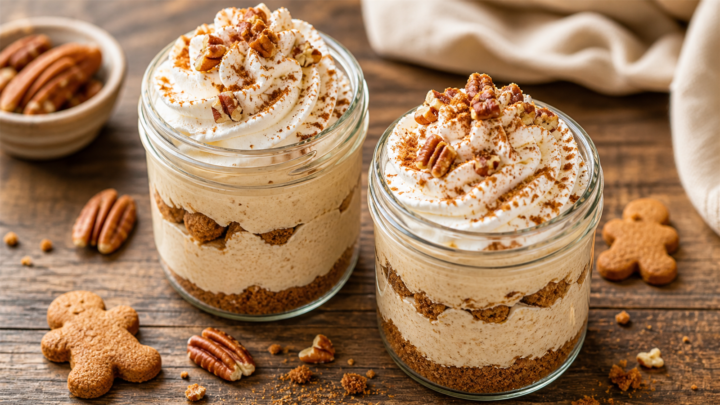 Two no-bake protein gingerbread cheesecake cups in small glass jars with whipped cream and cinnamon topping on a wooden table