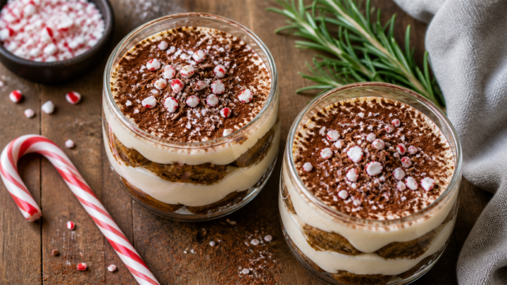 Two glass cups of Peppermint Mocha Tiramisu with layers of coffee-soaked ladyfingers and creamy mascarpone, topped with cocoa powder and crushed candy cane pieces on a wooden table.