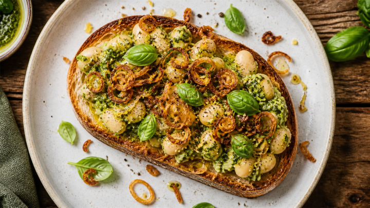 Pesto butter bean toast on a wooden board topped with crispy shallots and fresh basil