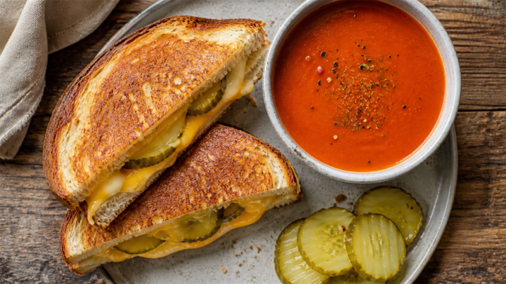 A grilled cheese sandwich with pickle slices being dipped into a bowl of creamy tomato soup on a wooden table