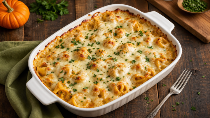 Creamy pumpkin alfredo tortellini bake in a baking dish with melted mozzarella cheese and a sprinkling of fresh parsley