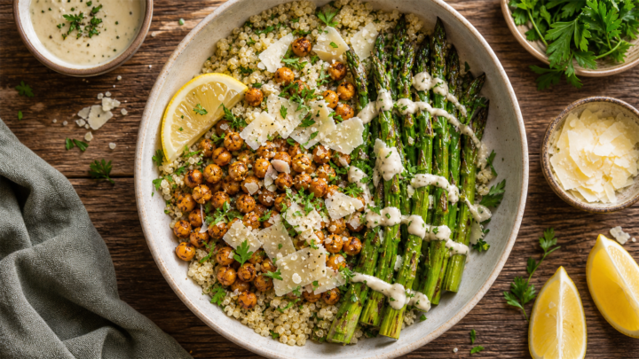 A bowl of roasted asparagus Caesar chickpea bowls with quinoa, crispy chickpeas, asparagus, Parmesan shavings, and creamy Caesar dressing.