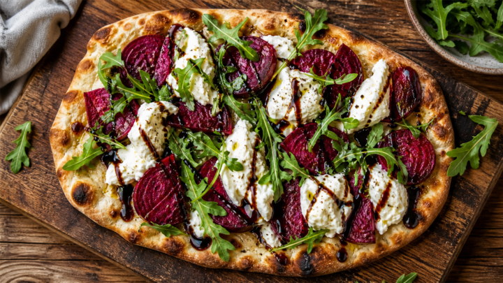 Roasted beet and burrata flatbread on a wooden board, topped with arugula and drizzled with balsamic glaze