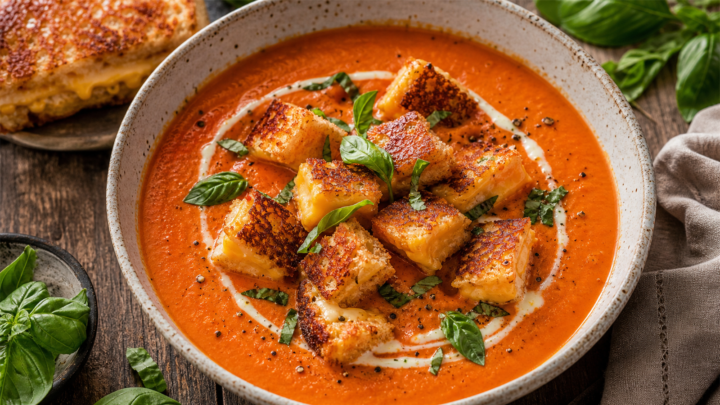 Roasted Red Pepper Tomato Butter Soup with Grilled Cheese Croutons