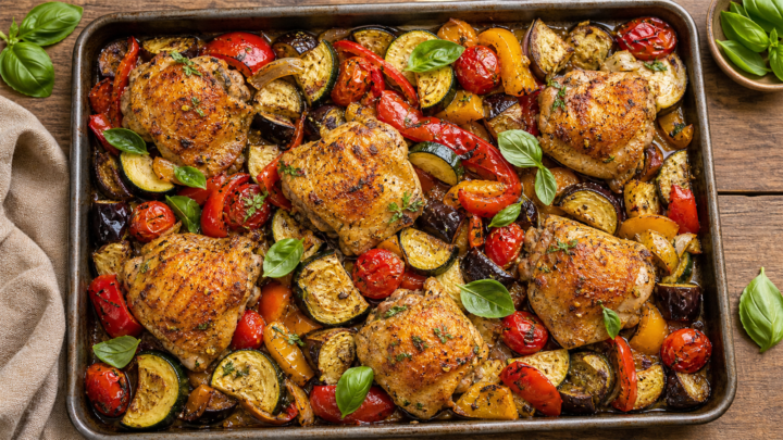 Sheet pan ratatouille chicken thighs with roasted vegetables including zucchini, eggplant, bell peppers, and cherry tomatoes.
