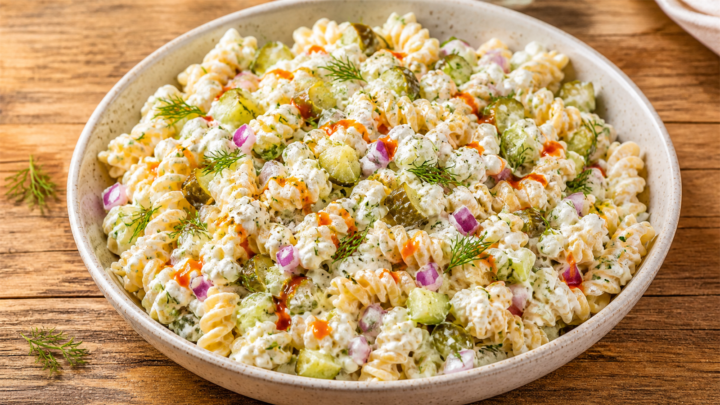Spicy Pickle Cottage Cheese Pasta Salad