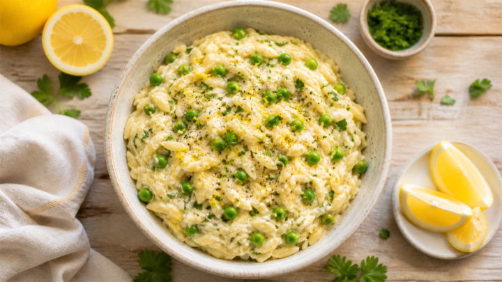 Bowl of creamy lemon ricotta orzo with peas garnished with fresh parsley and lemon zest