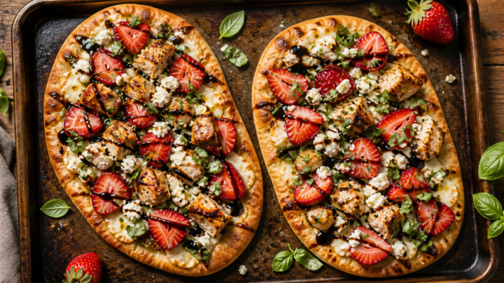 Strawberry balsamic chicken flatbread on a baking sheet with melted cheese, sliced strawberries, and balsamic glaze drizzle.