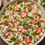 Bowl of creamy strawberry jalapeno chicken pasta salad with sliced strawberries and jalapeno