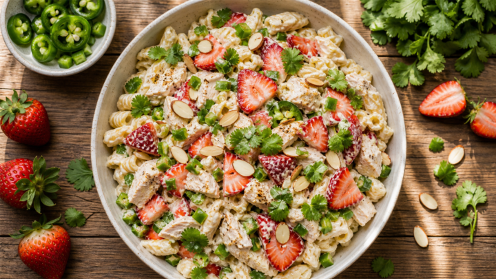 Bowl of creamy strawberry jalapeno chicken pasta salad with sliced strawberries and jalapeno